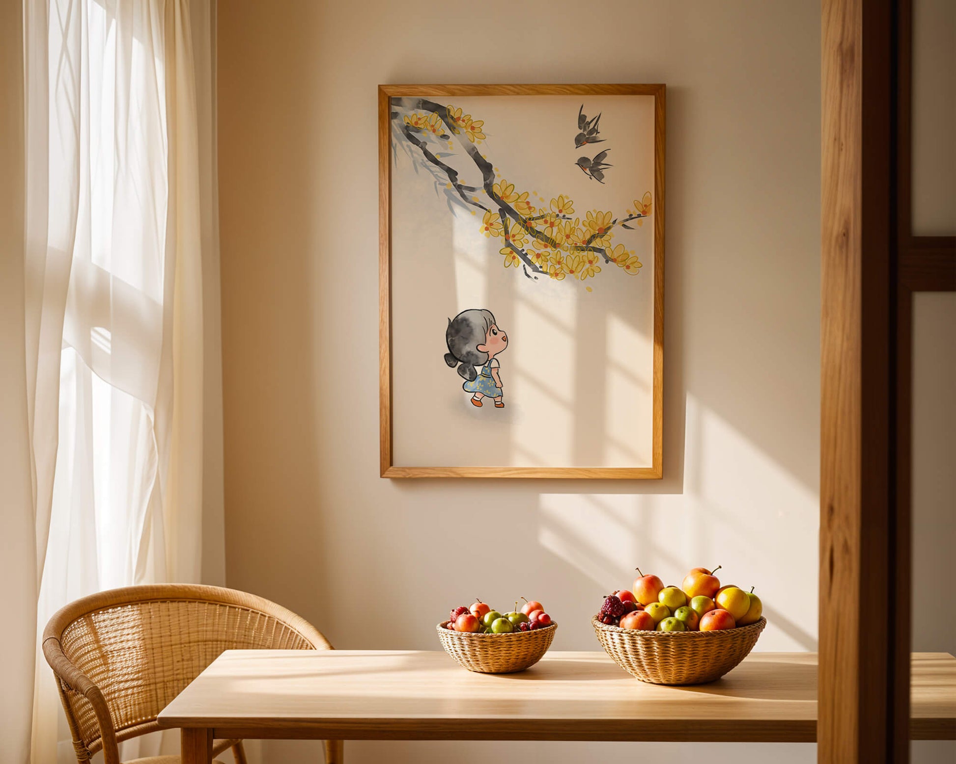 Charming illustration of a child gazing at birds and yellow blossoms