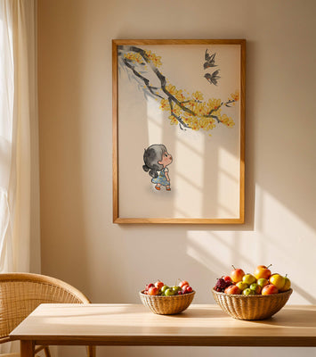 Charming illustration of a child gazing at birds and yellow blossoms