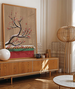 Illustration of blooming plum branch over traditional rooftop