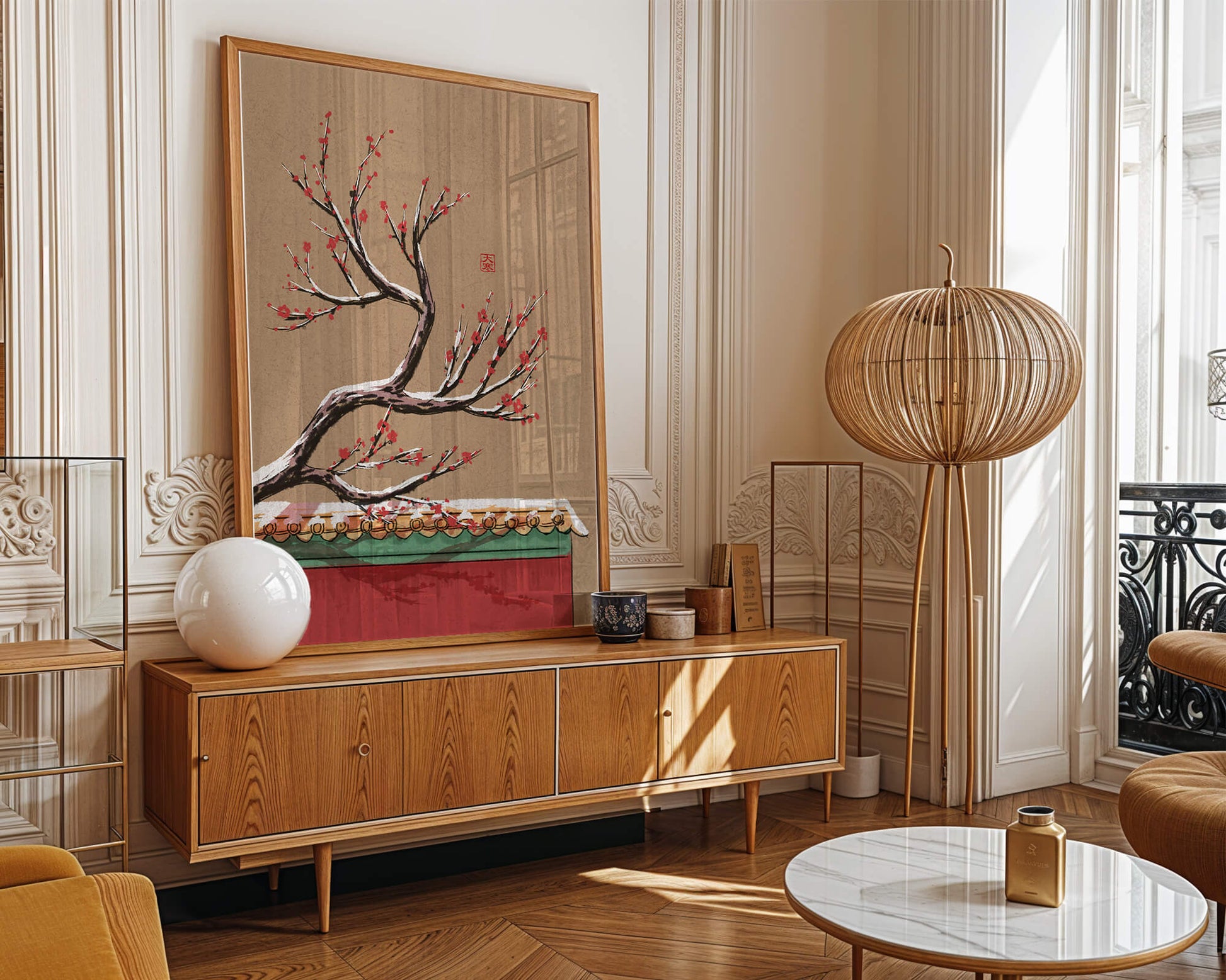 Illustration of blooming plum branch over traditional rooftop