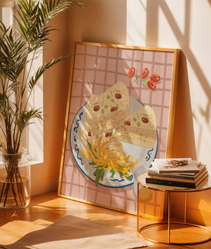 Illustration of layered cake on patterned plate with flowers and a cup