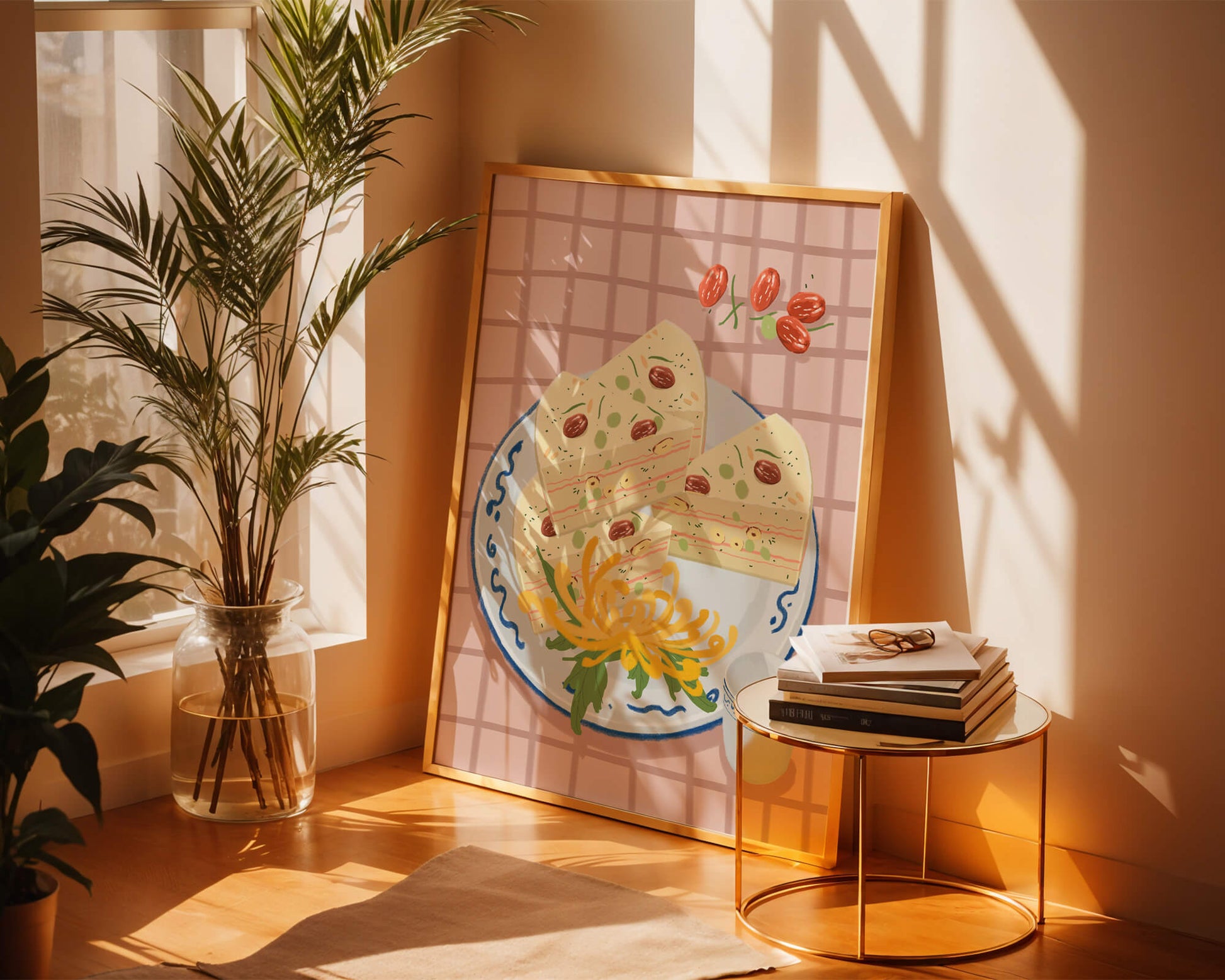 Illustration of layered cake on patterned plate with flowers and a cup