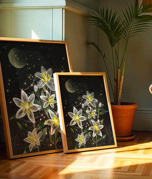 Floral Night Scene with Luminous Flowers and Golden Moon