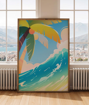Escena vibrante de playa tropical con palmera y ola del océano
