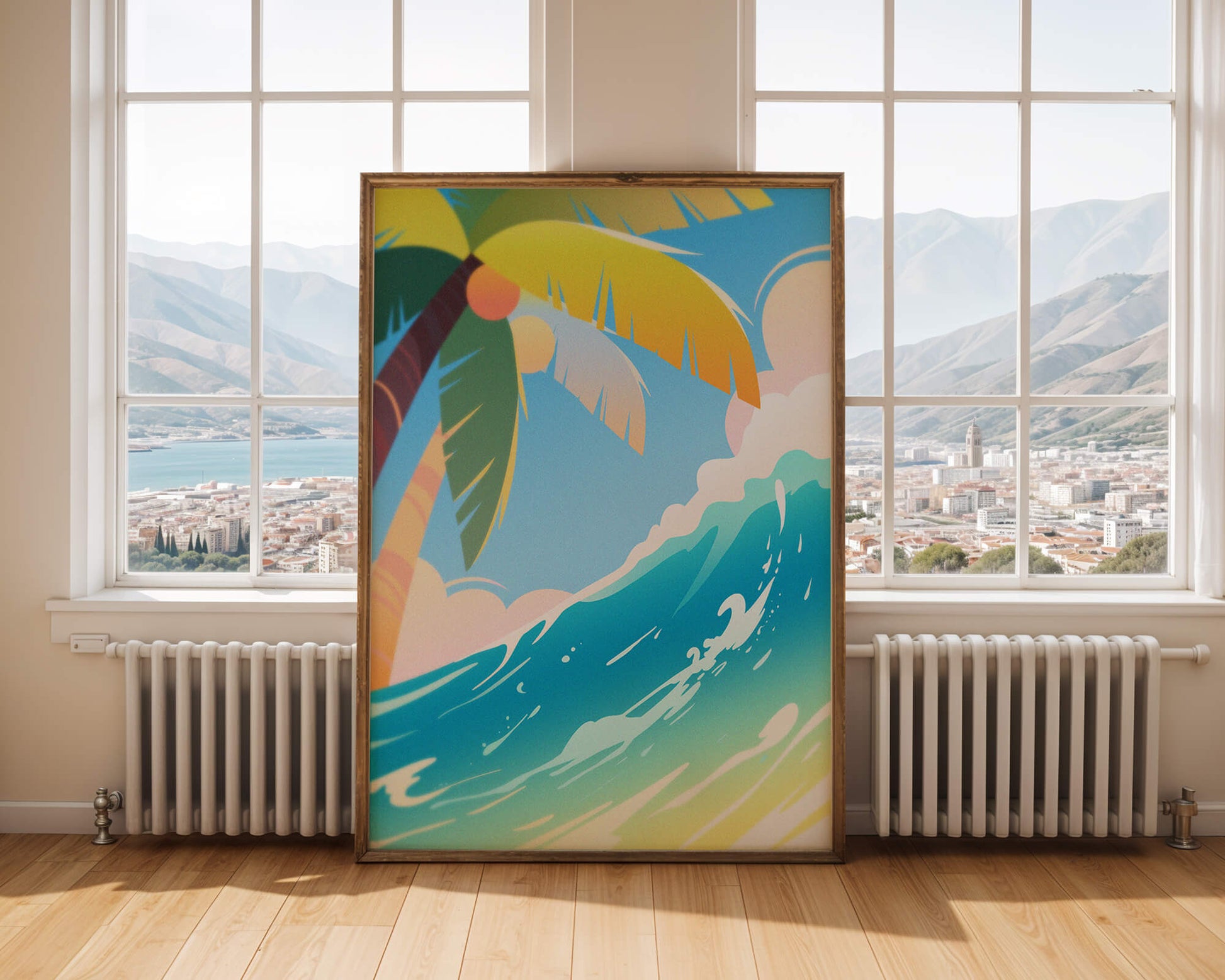 Escena vibrante de playa tropical con palmera y ola del océano