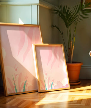 Diseño floral abstracto en rosa suave con hojas estilizadas y ondas