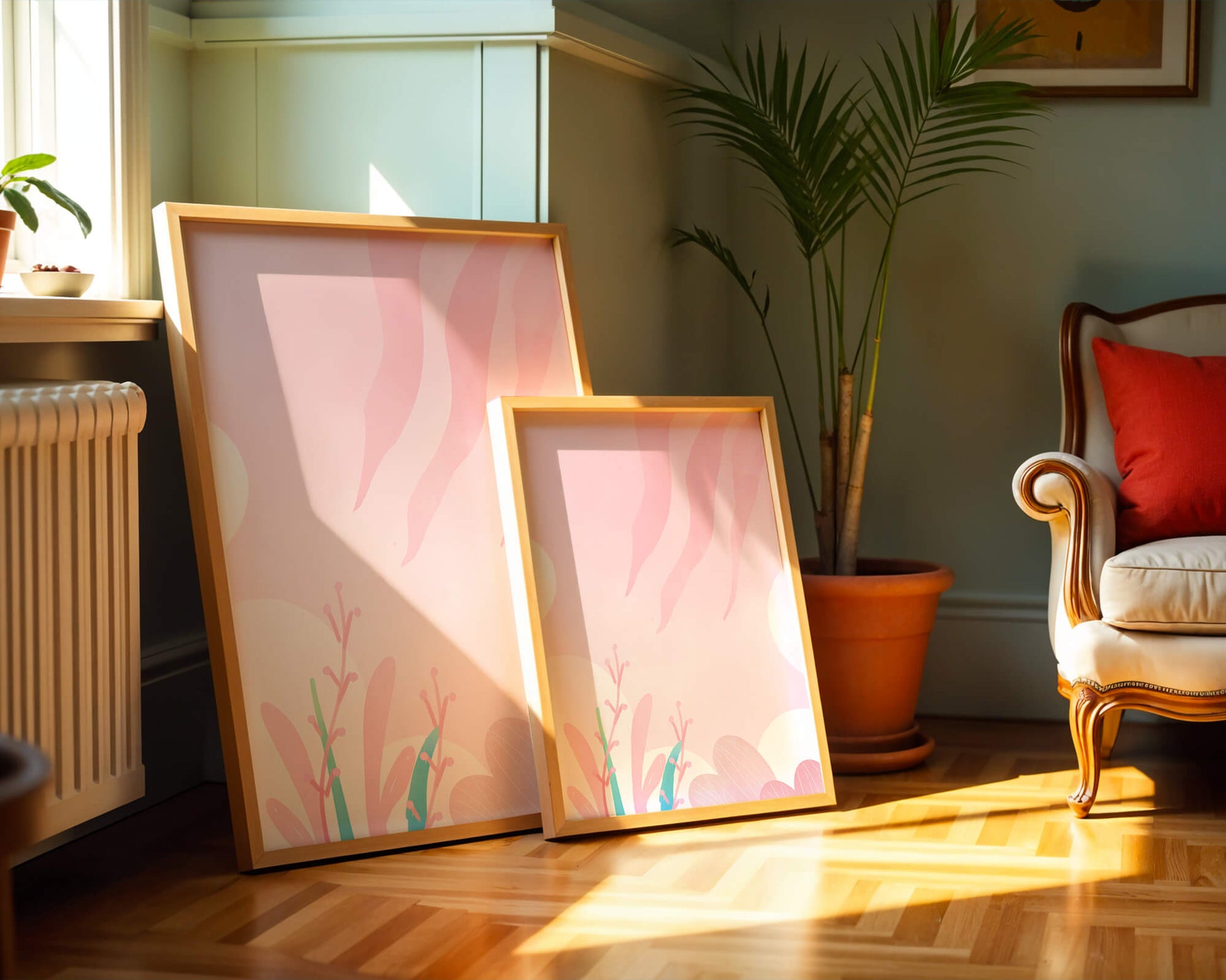 Soft Pink Abstract Floral Design with Stylized Leaves and Waves