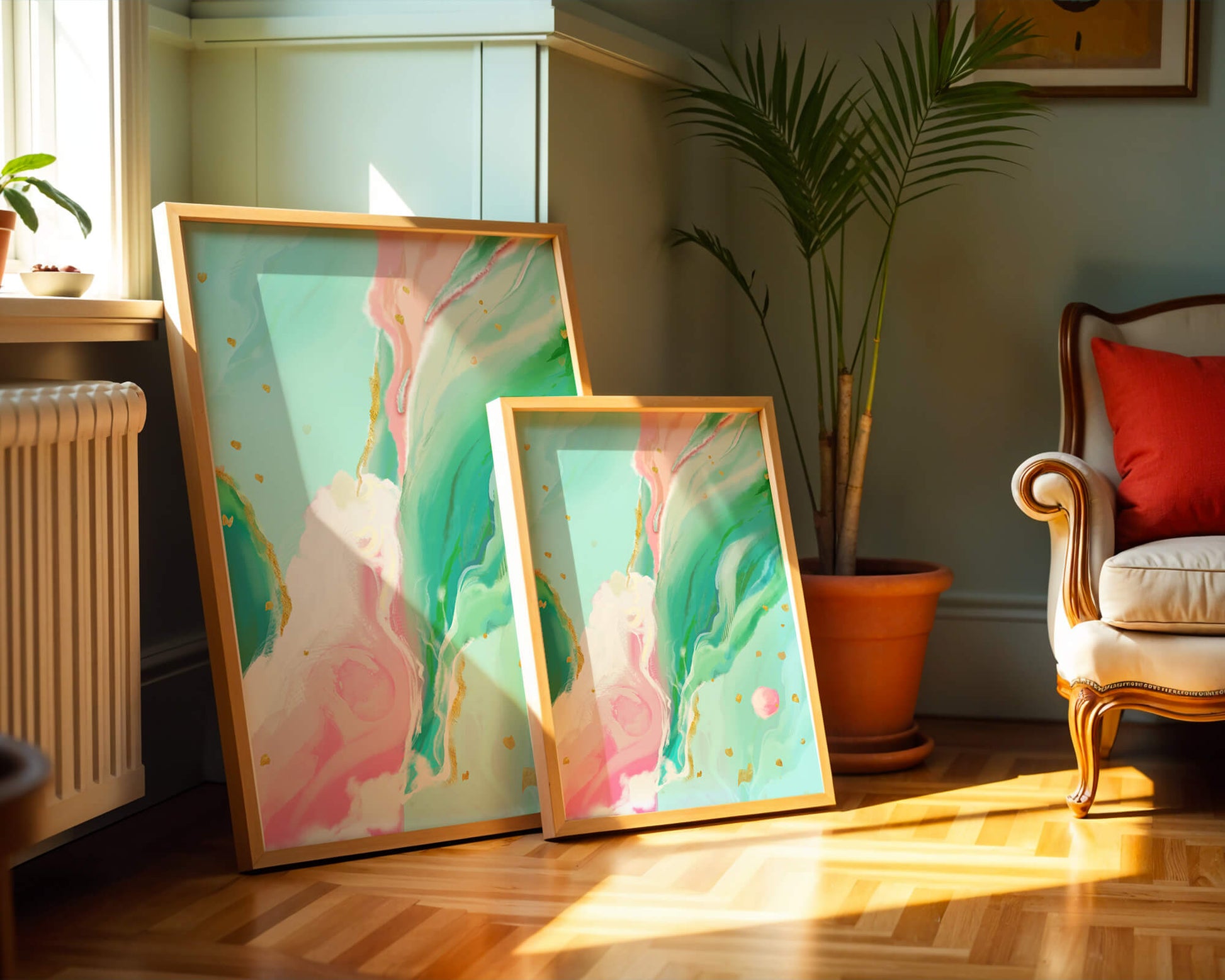 Obra de arte abstracta en pasteles y dorado con patrones fluidos