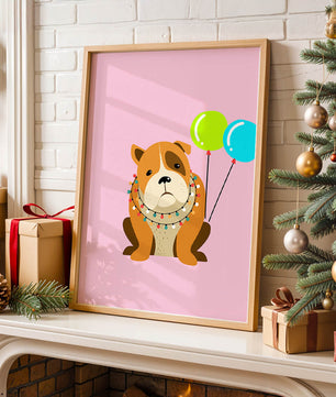 Perro de dibujos animados adorable con luces festivas y globos coloridos sobre fondo rosa