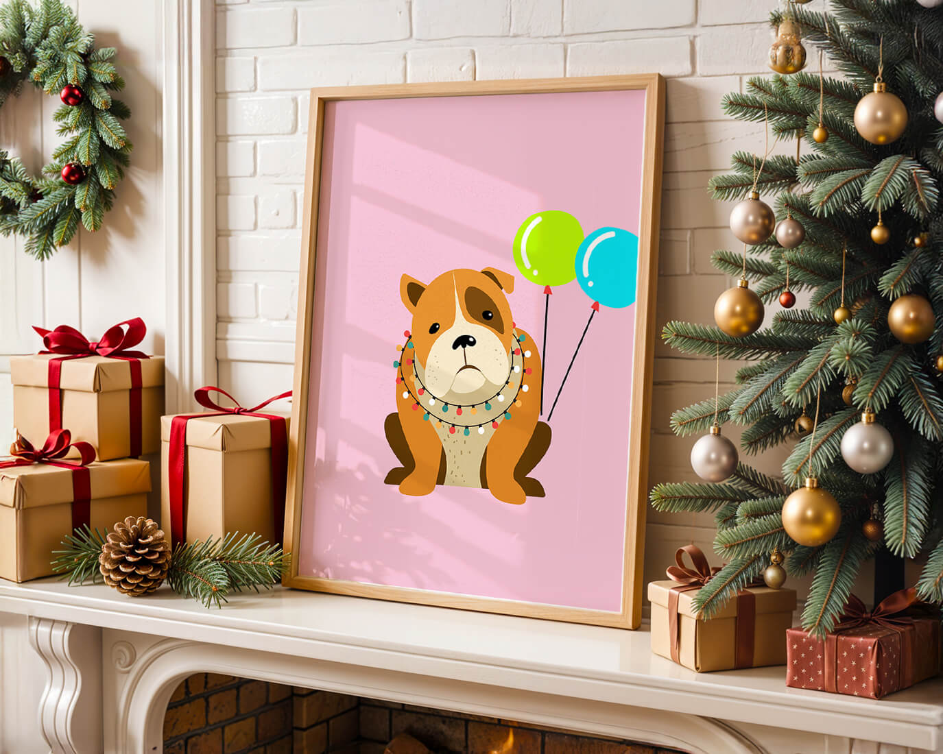 Perro de dibujos animados adorable con luces festivas y globos coloridos sobre fondo rosa