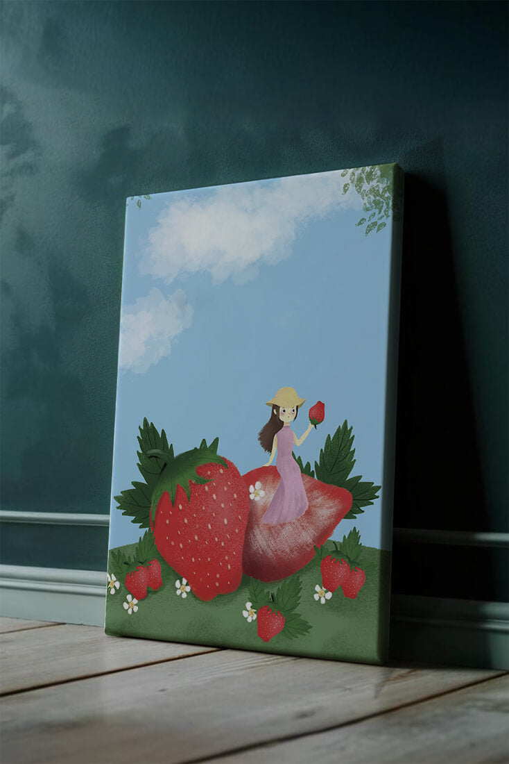 Charming illustration of a girl in a strawberry field