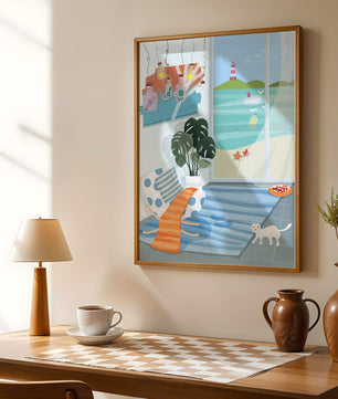 Habitación acogedora con vista al mar y faro a través de la ventana