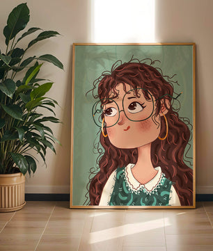 Illustration of a Thoughtful Girl with Glasses and Curly Hair