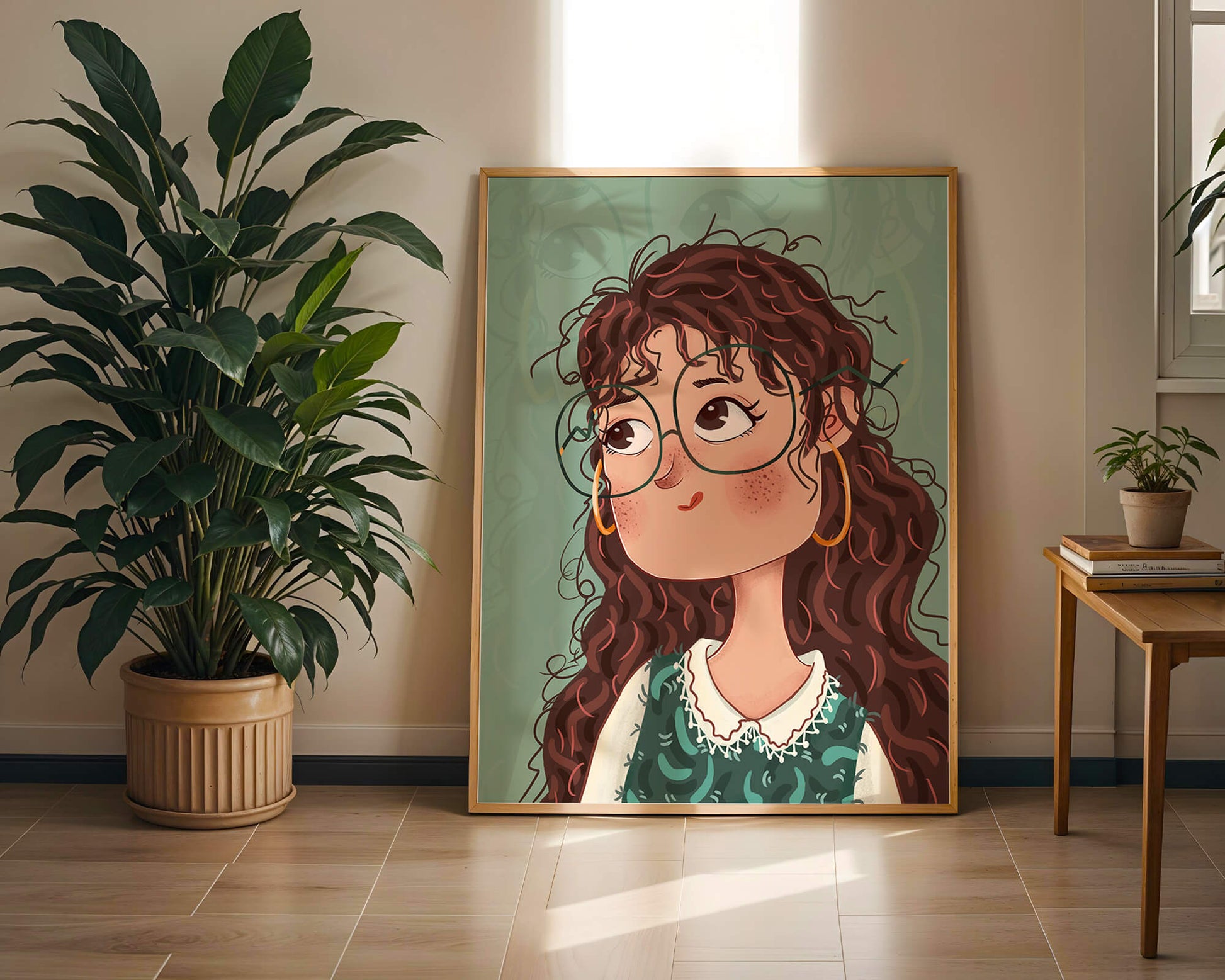 Ilustración de una chica pensativa con gafas y pelo rizado