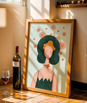 Whimsical Portrait of a Woman with Green Hair and Abstract Circles - Mi tienda