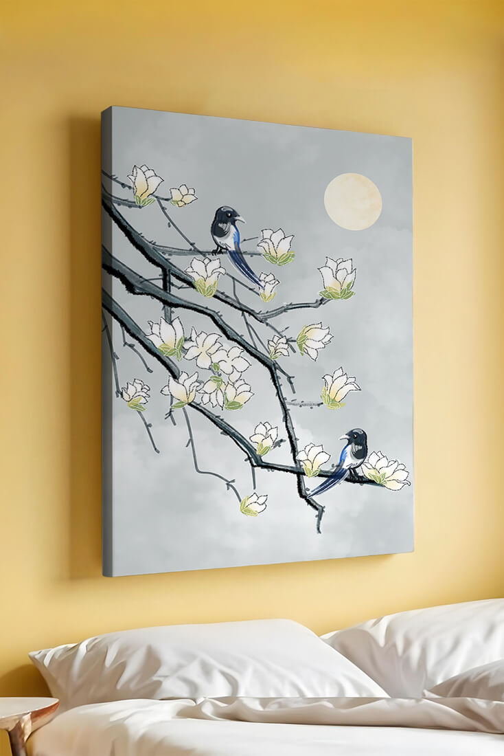 Birds on blossoming branches under a serene moonlit sky