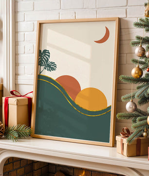 Minimalist Landscape With Mountains And Monstera Leaves At Sunset - Mi tienda
