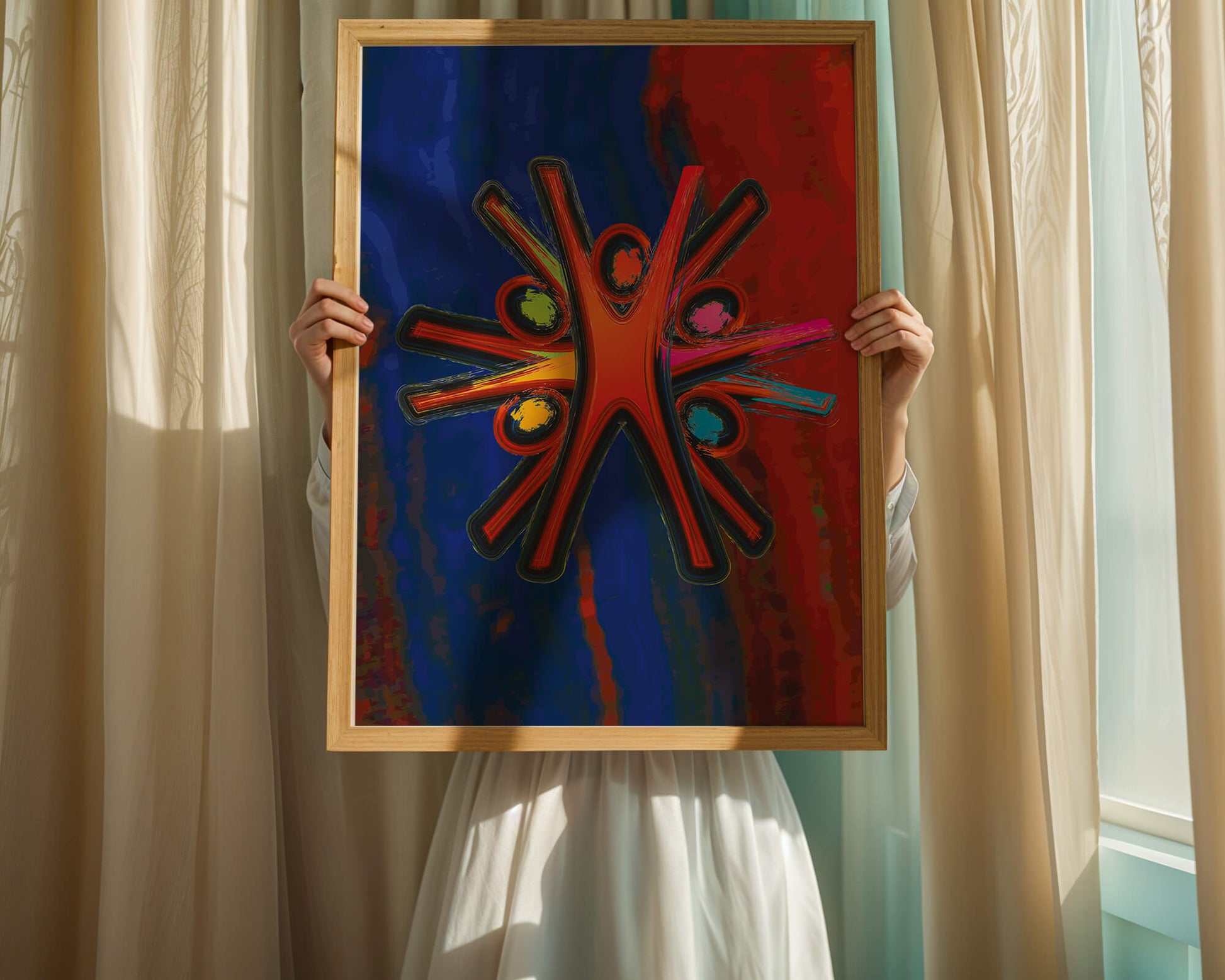 Abstract art with dynamic figures and vibrant colors