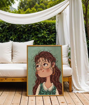 Illustration of a Thoughtful Girl with Glasses and Curly Hair