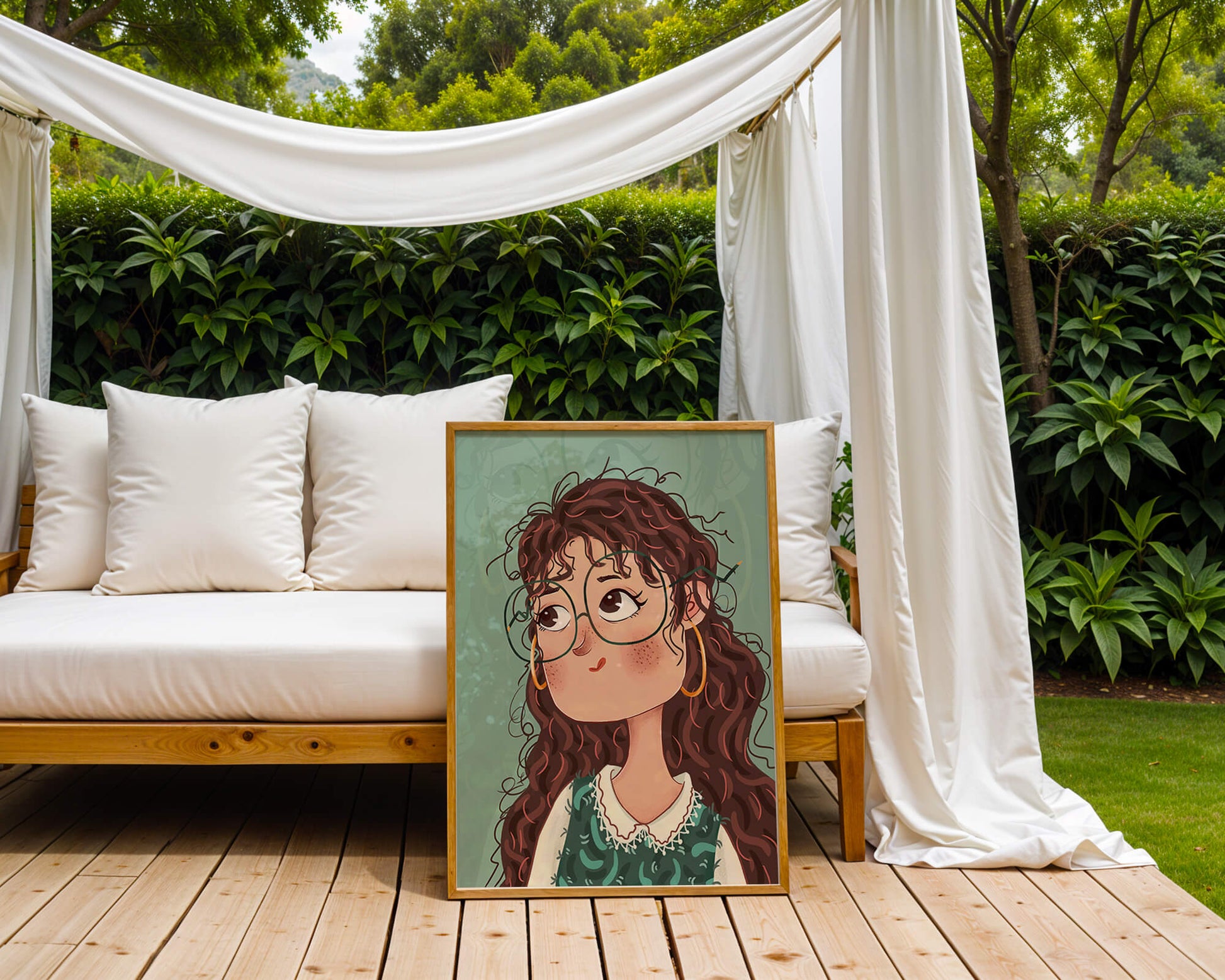 Ilustración de una chica pensativa con gafas y pelo rizado