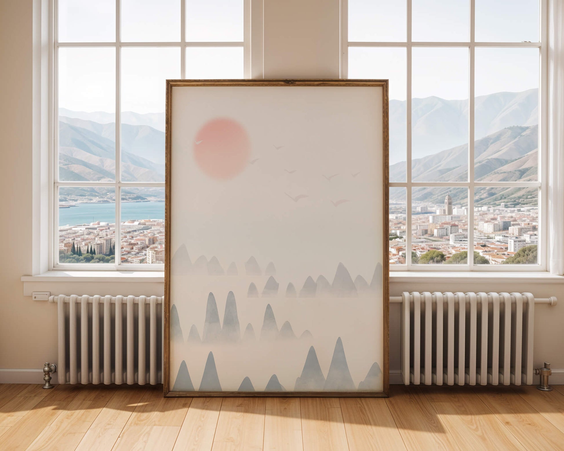 Minimalistic Mountain Landscape with Soft Colors and Birds in the Sky
