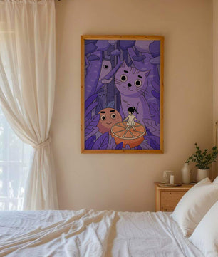 Whimsical forest scene with playful cartoon characters