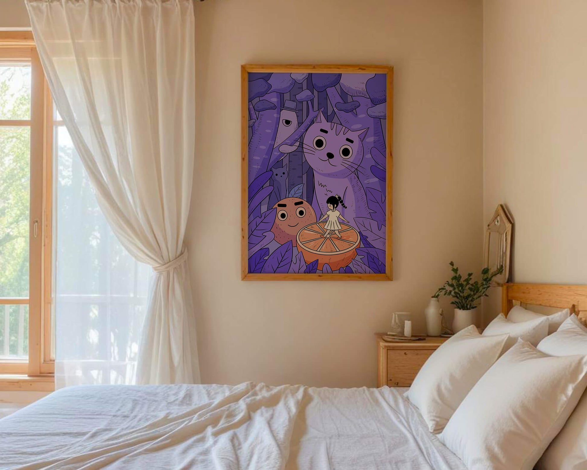 Whimsical forest scene with playful cartoon characters