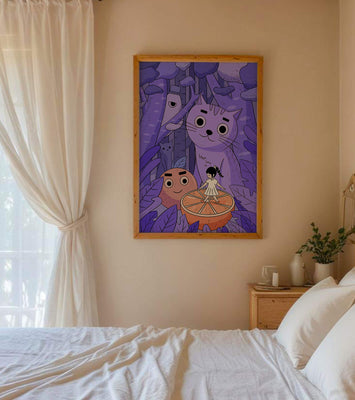 Whimsical forest scene with playful cartoon characters