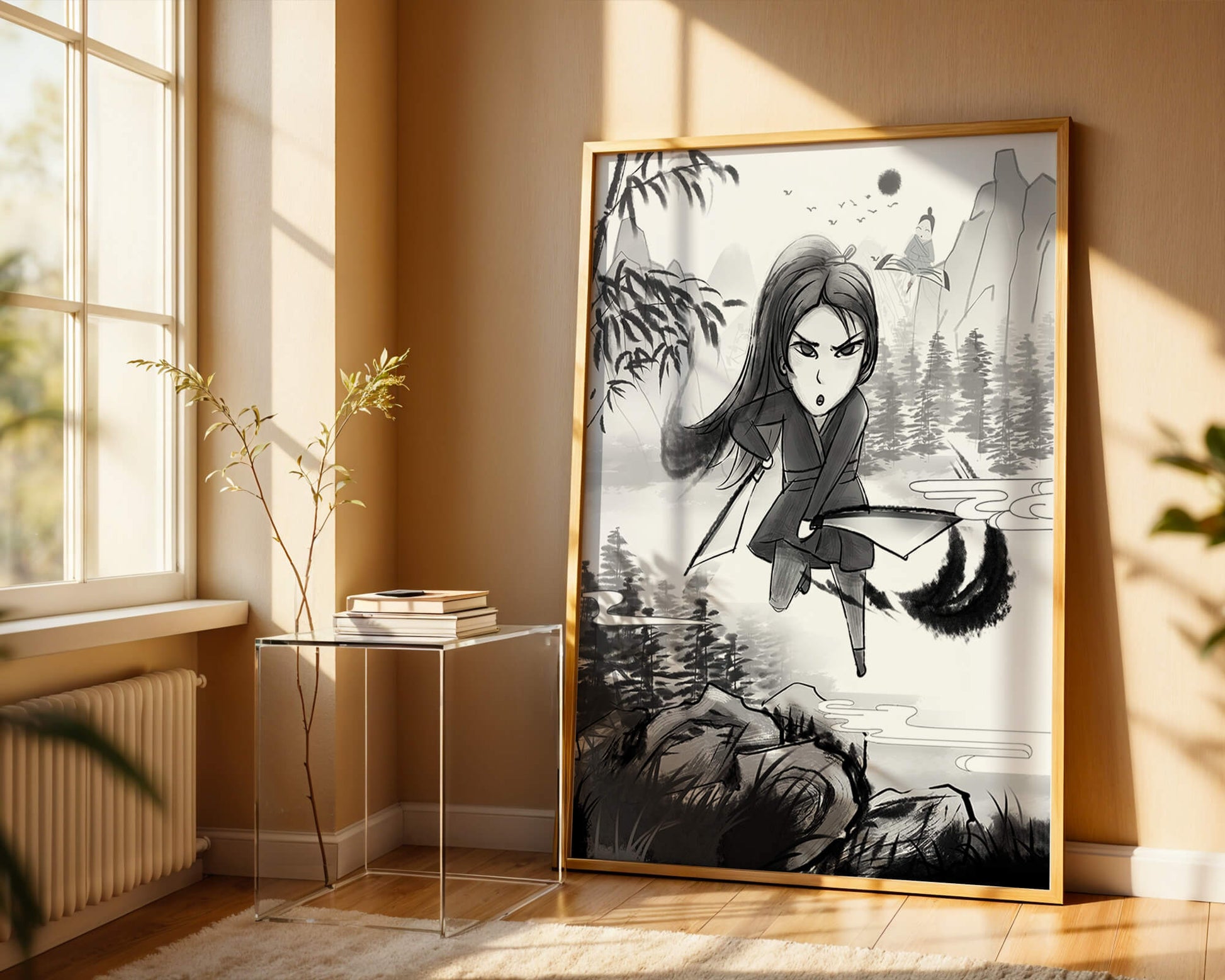 Warrior In A Mystical Landscape With Mountains And Rivers