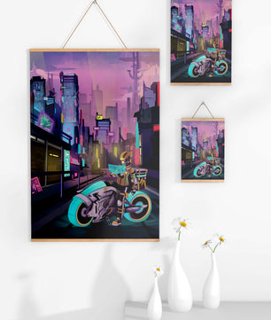 Futuristic Cyberpunk Cityscape with Neon Rider and Motorcycle