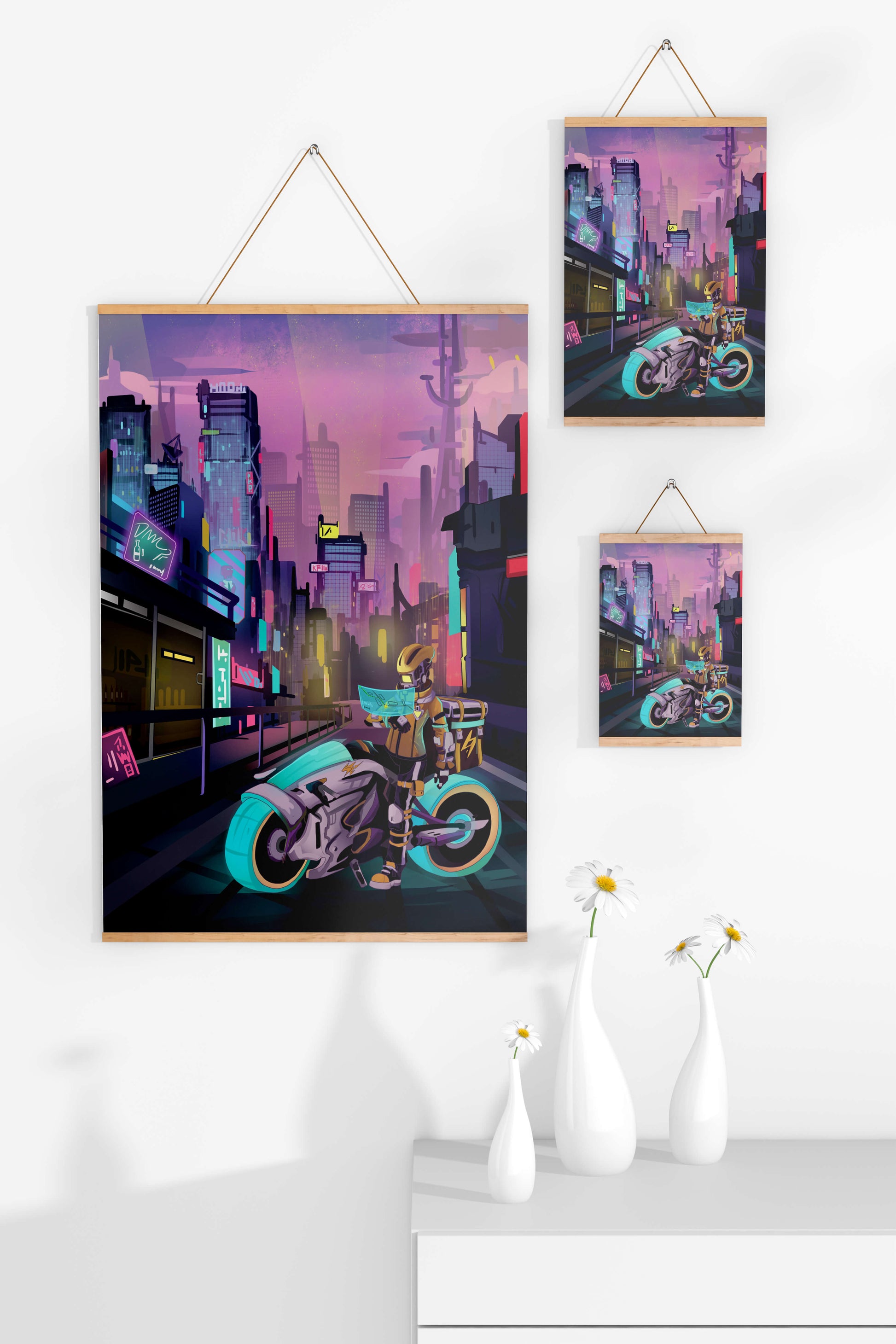 Futuristic Cyberpunk Cityscape with Neon Rider and Motorcycle