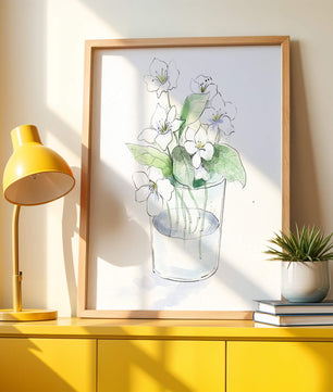 Delicadas flores blancas en una ilustración de jarrón de cristal