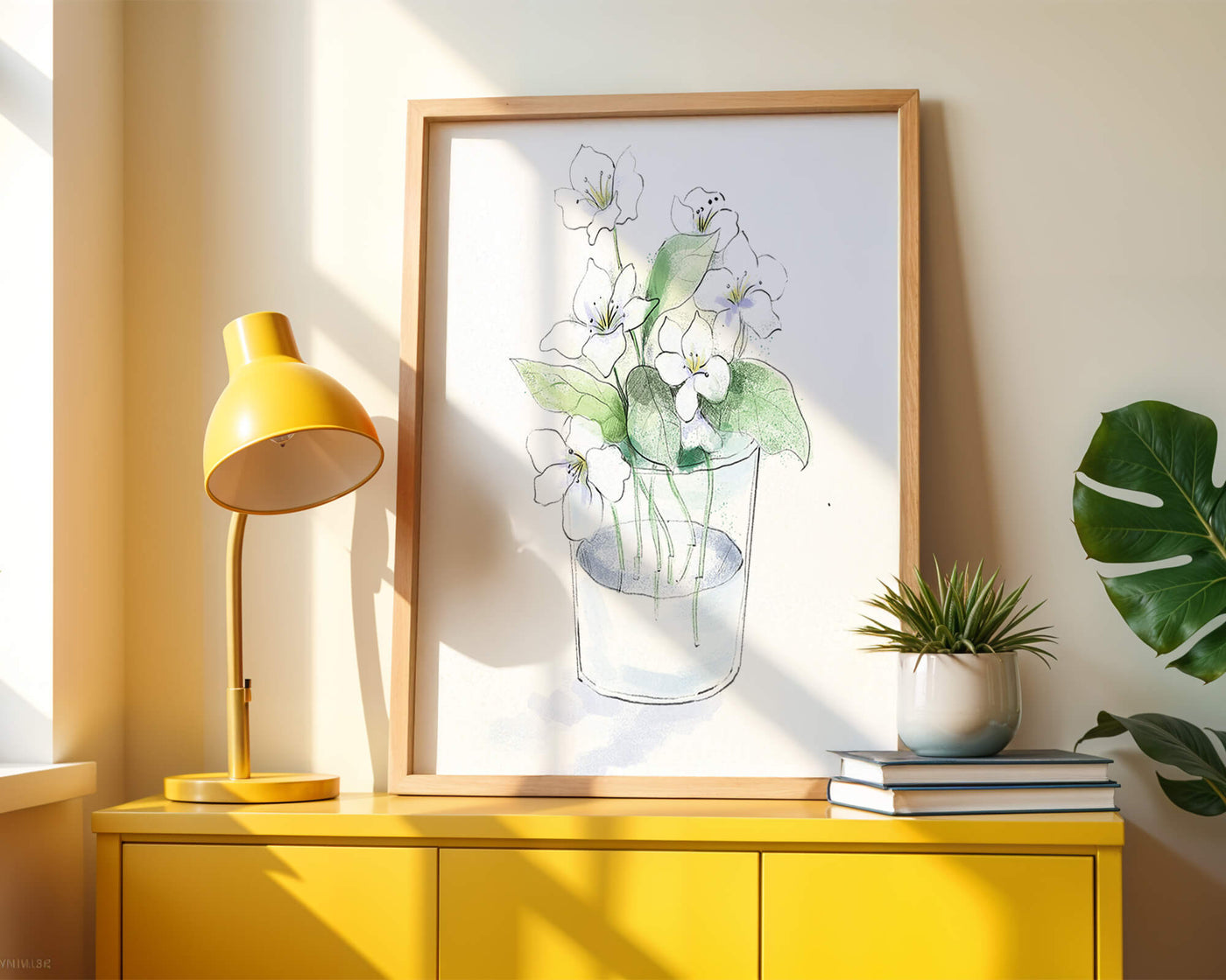 Delicate white flowers in a glass vase illustration