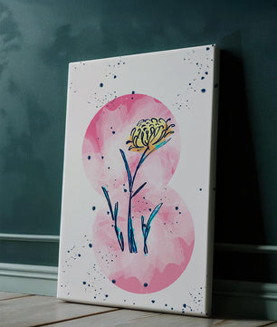 Abstract Floral Design with Pink Circles and Yellow Flower on White Background