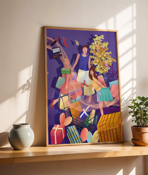Illustration d'une expérience de shopping joyeuse en famille avec des cadeaux et des couleurs vives