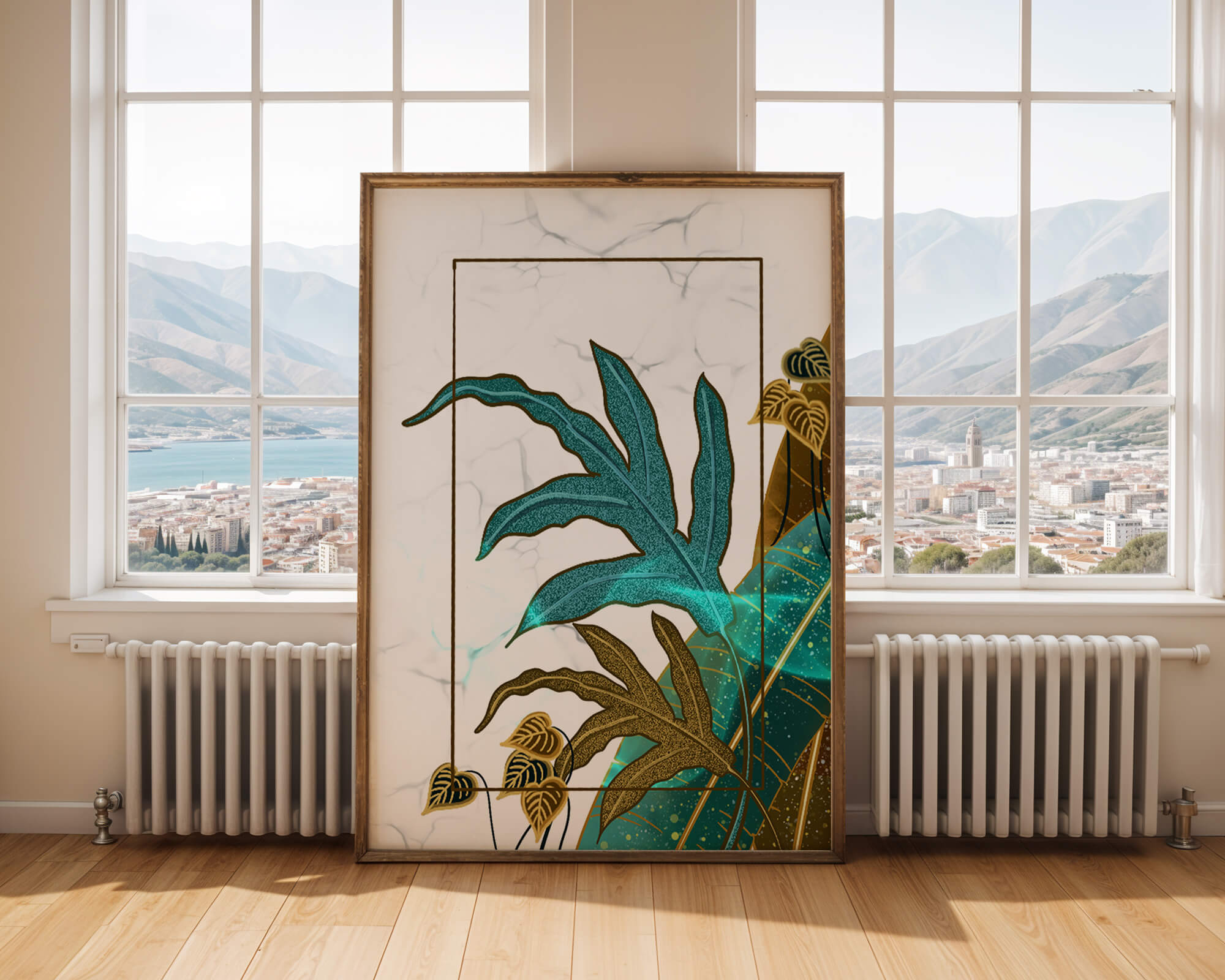 Abstract botanical art with blue and gold leafy designs