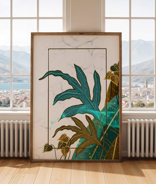 Abstrakte botanische Kunst mit blauen und goldenen Blattmustern