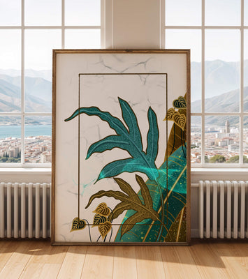 Abstract botanical art with blue and gold leafy designs