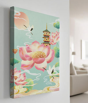 Paysage serein avec des fleurs de lotus et une pagode traditionnelle