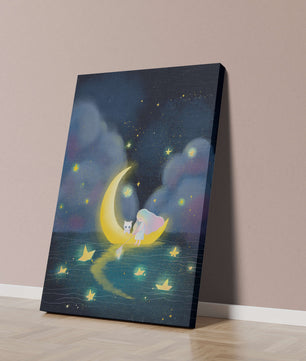 Whimsical night scene with child and cat on crescent moon