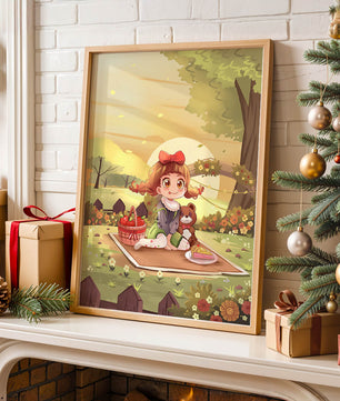 Whimsical picnic scene with a young girl and teddy bear under sunset in vibrant meadow