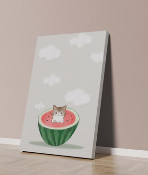 Whimsical art of a kitten in watermelon with clouds