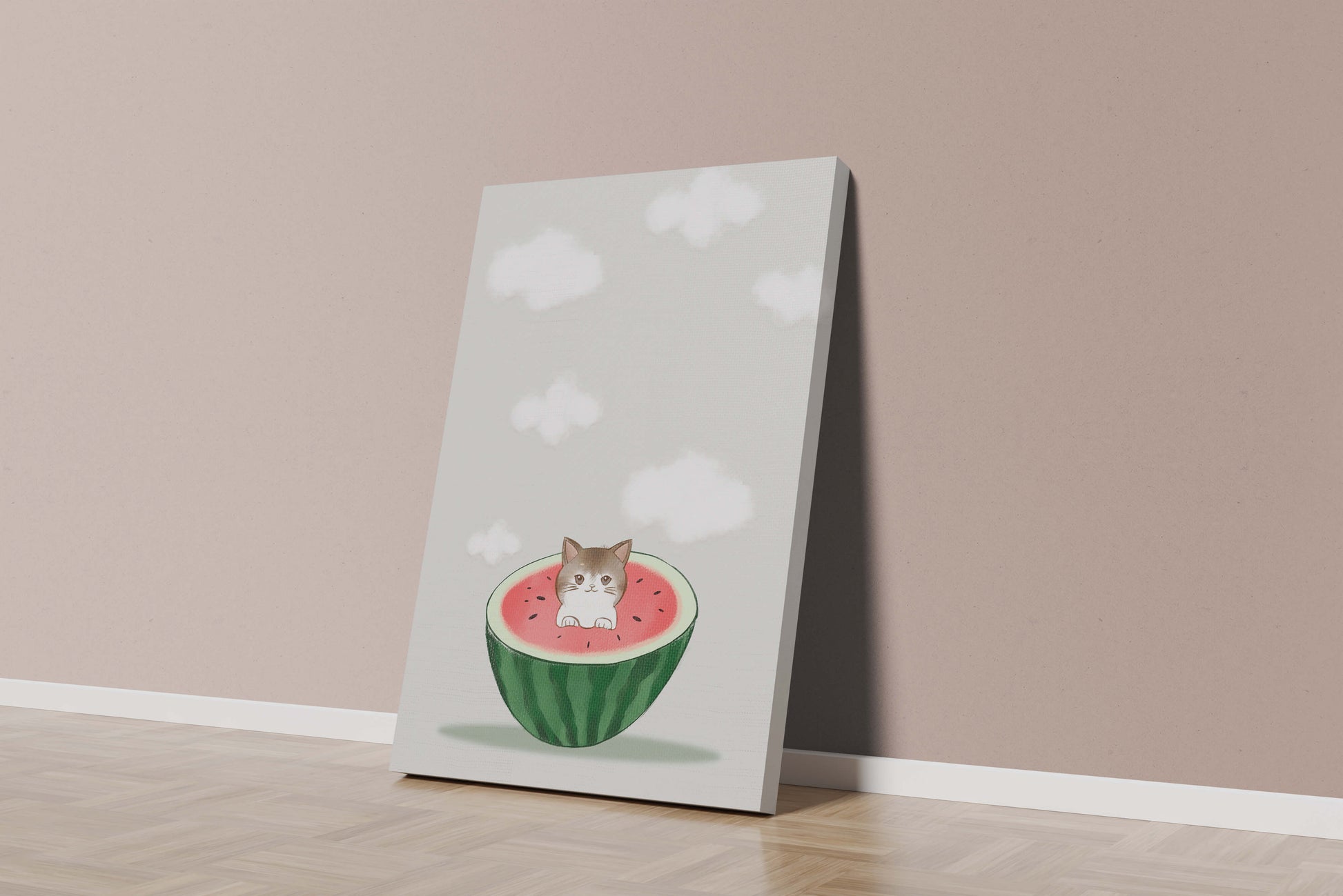 Whimsical art of a kitten in watermelon with clouds