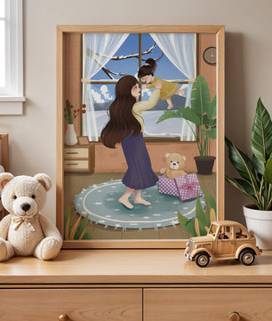 Mother and child bonding in a vibrant living room