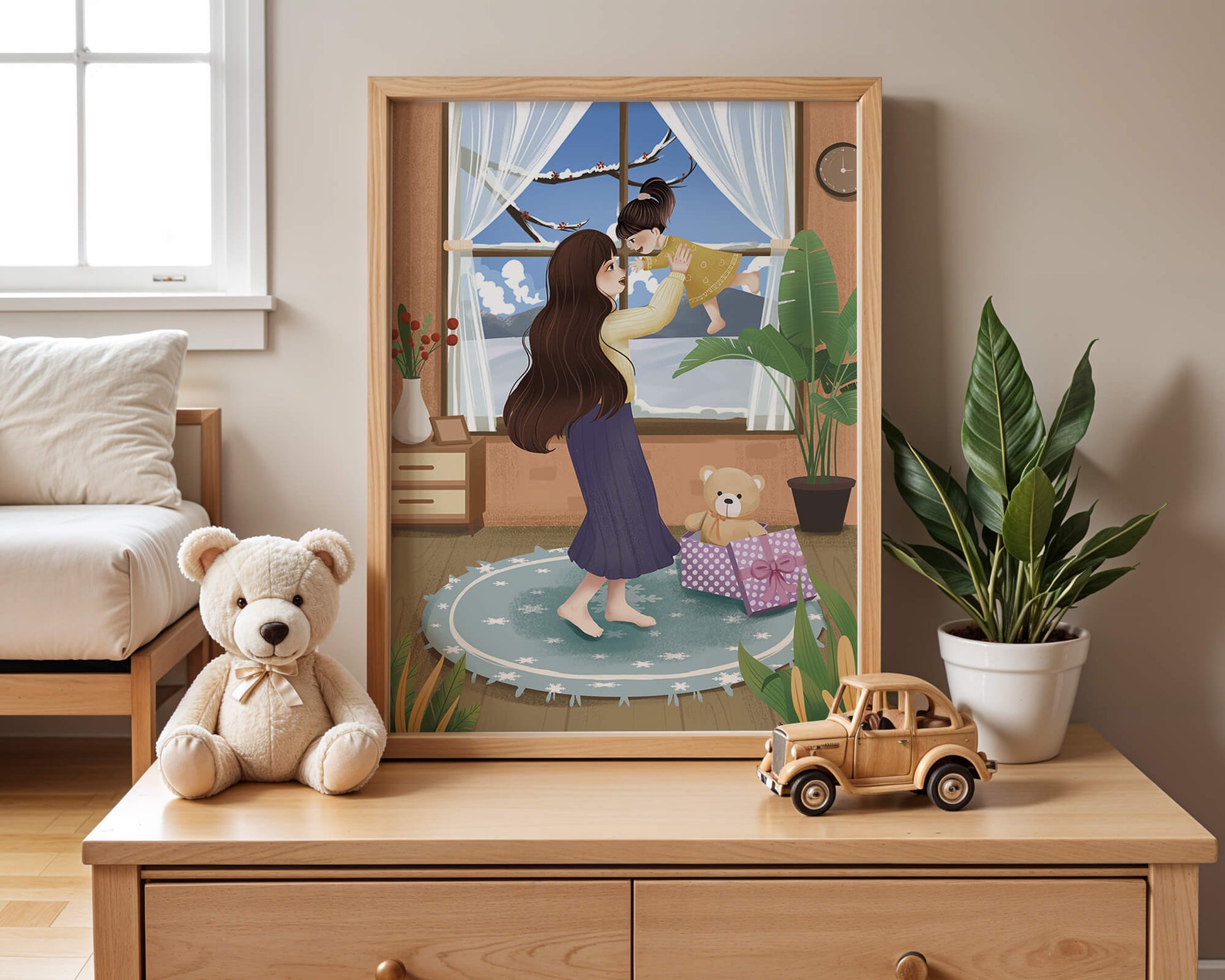 Mother and child bonding in a vibrant living room
