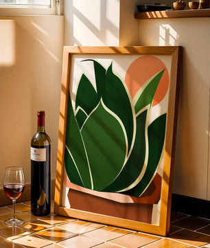 Ilustración contemporánea de una planta serpiente con fondo de amanecer