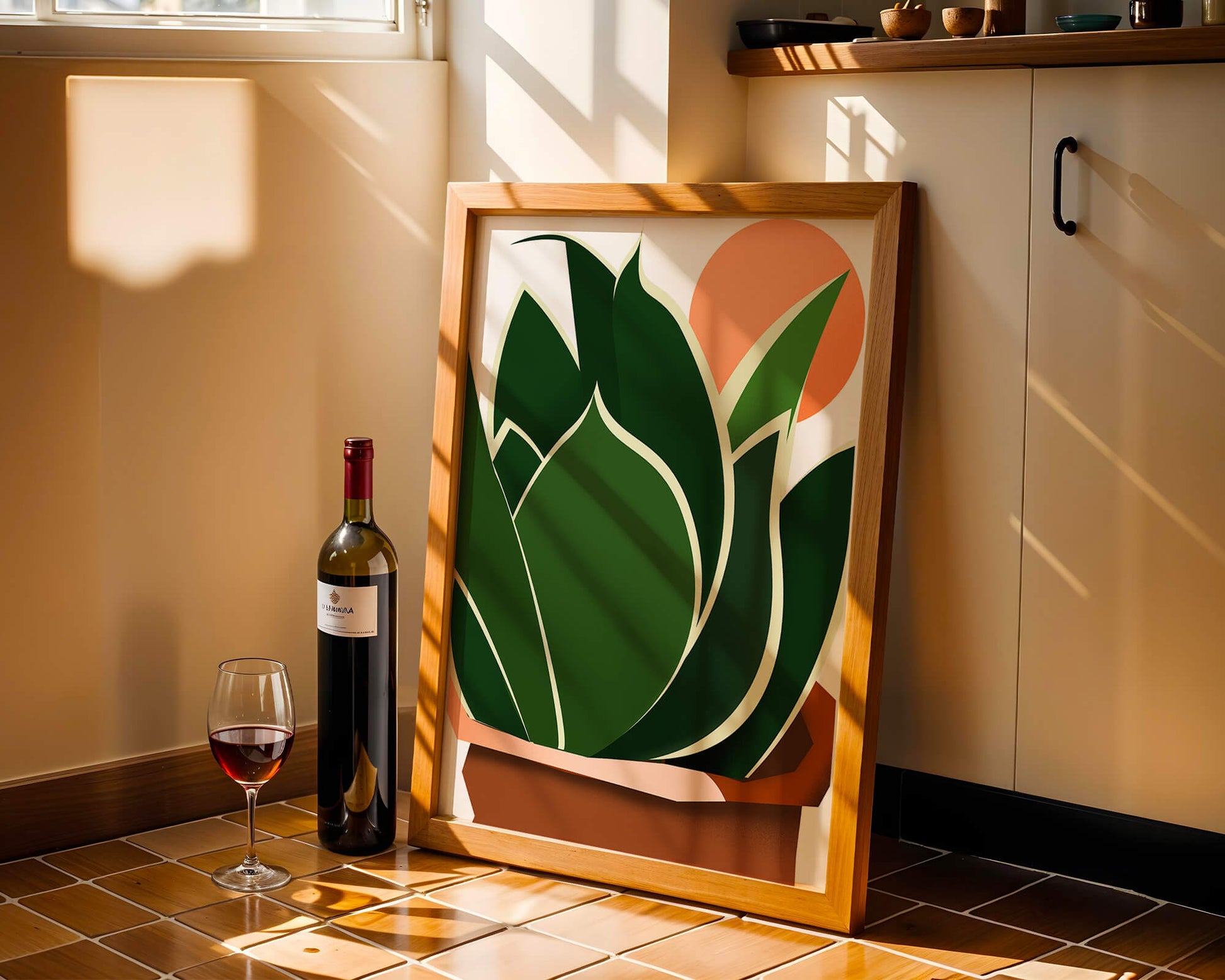 Ilustración contemporánea de una planta serpiente con fondo de amanecer