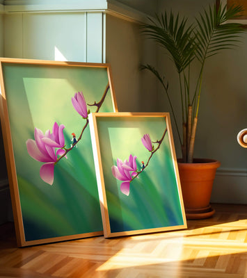 Serene illustration of magnolia flowers with a small figure in a hat