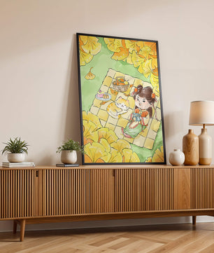Charming autumn picnic scene with girl and cat surrounded by ginkgo leaves