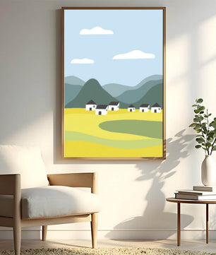 Pastoral Landscape with Mountains and Houses Under Blue Sky